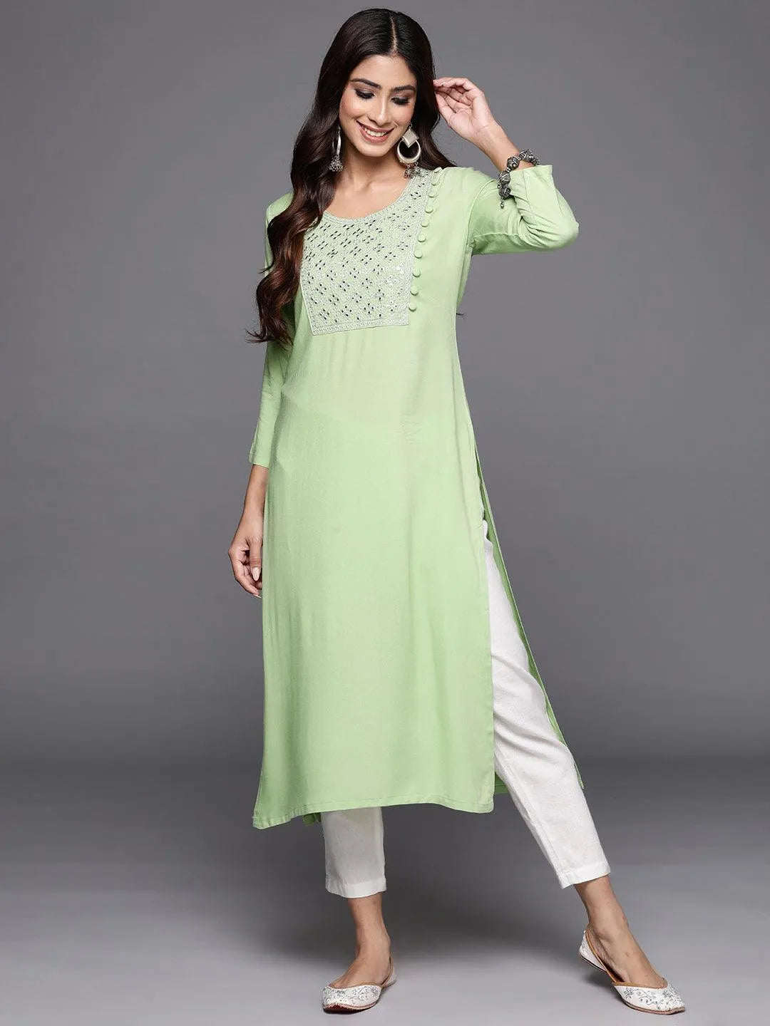 Green Yoke Design Rayon Straight Kurta - Libas 