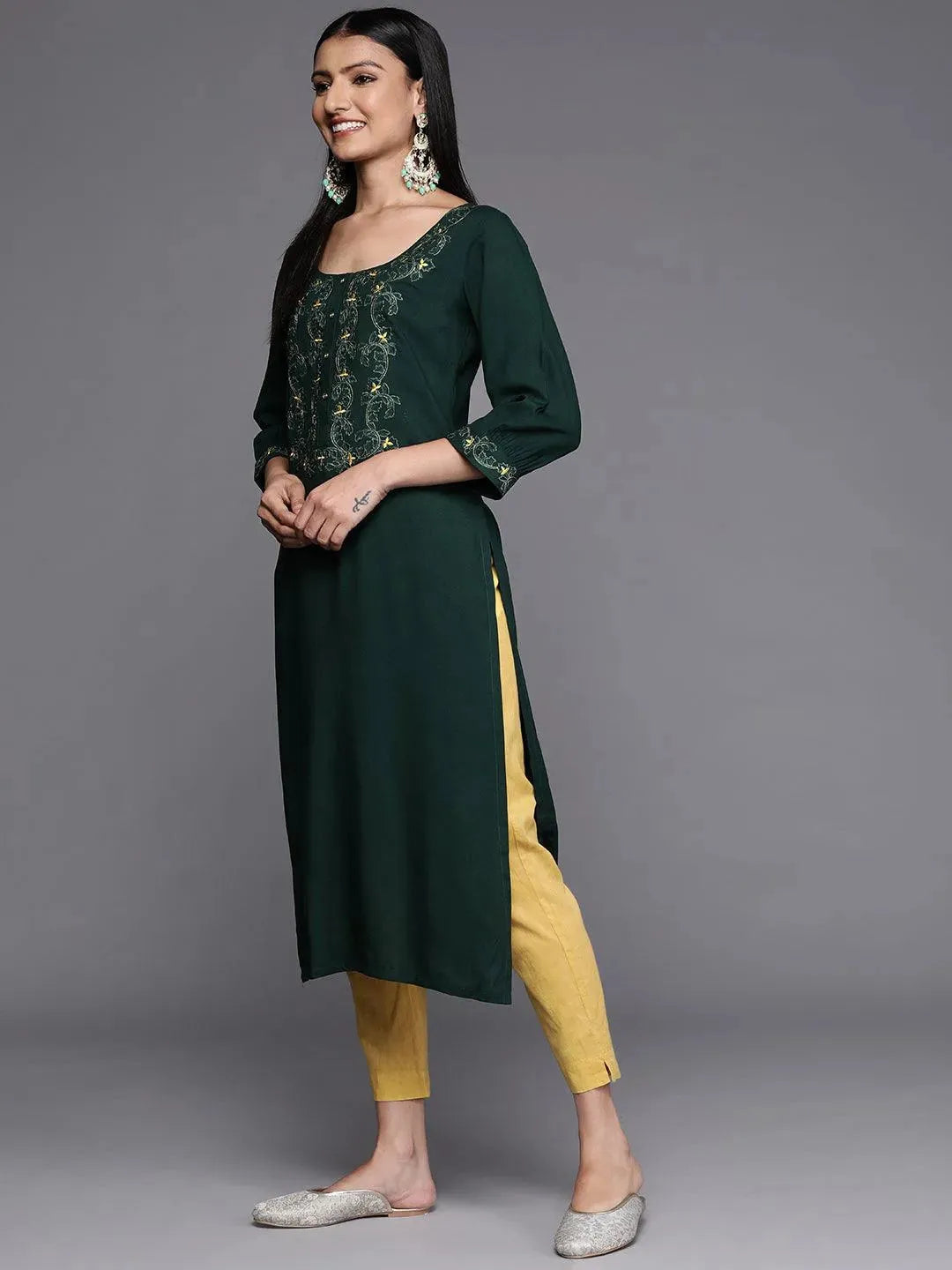 Green Yoke Design Rayon Straight Kurta - Libas