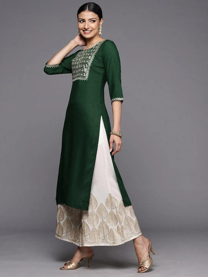 Green Printed Rayon Straight Kurta - Libas