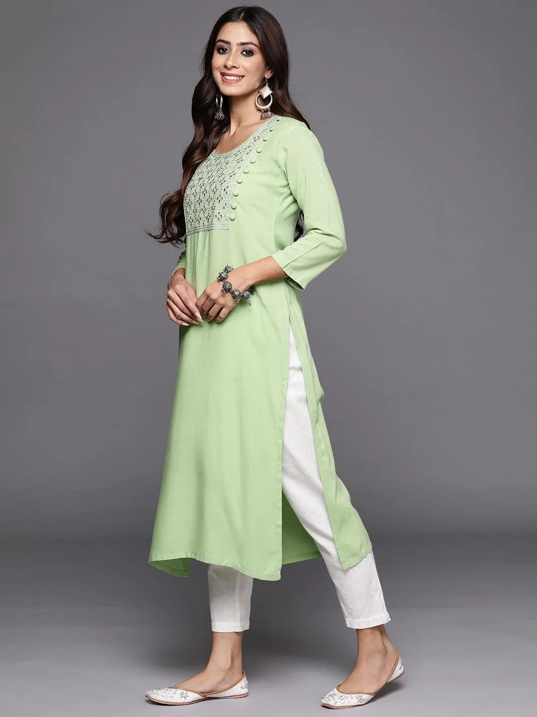 Green Yoke Design Rayon Straight Kurta - Libas 