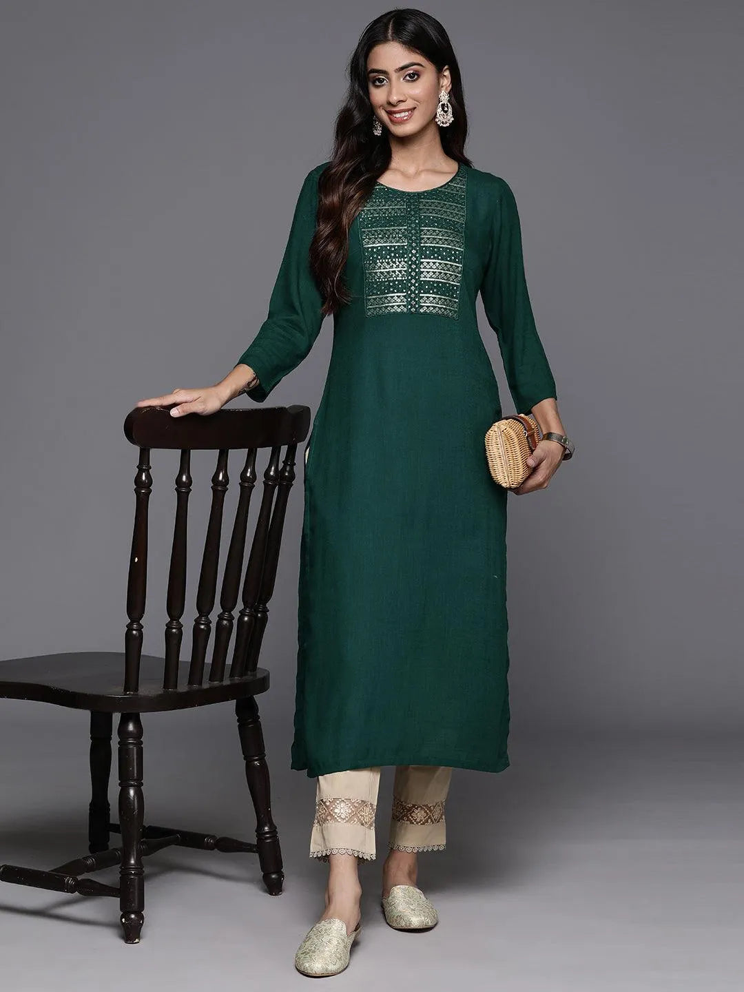 Green Yoke Design Rayon Straight Kurta - Libas 