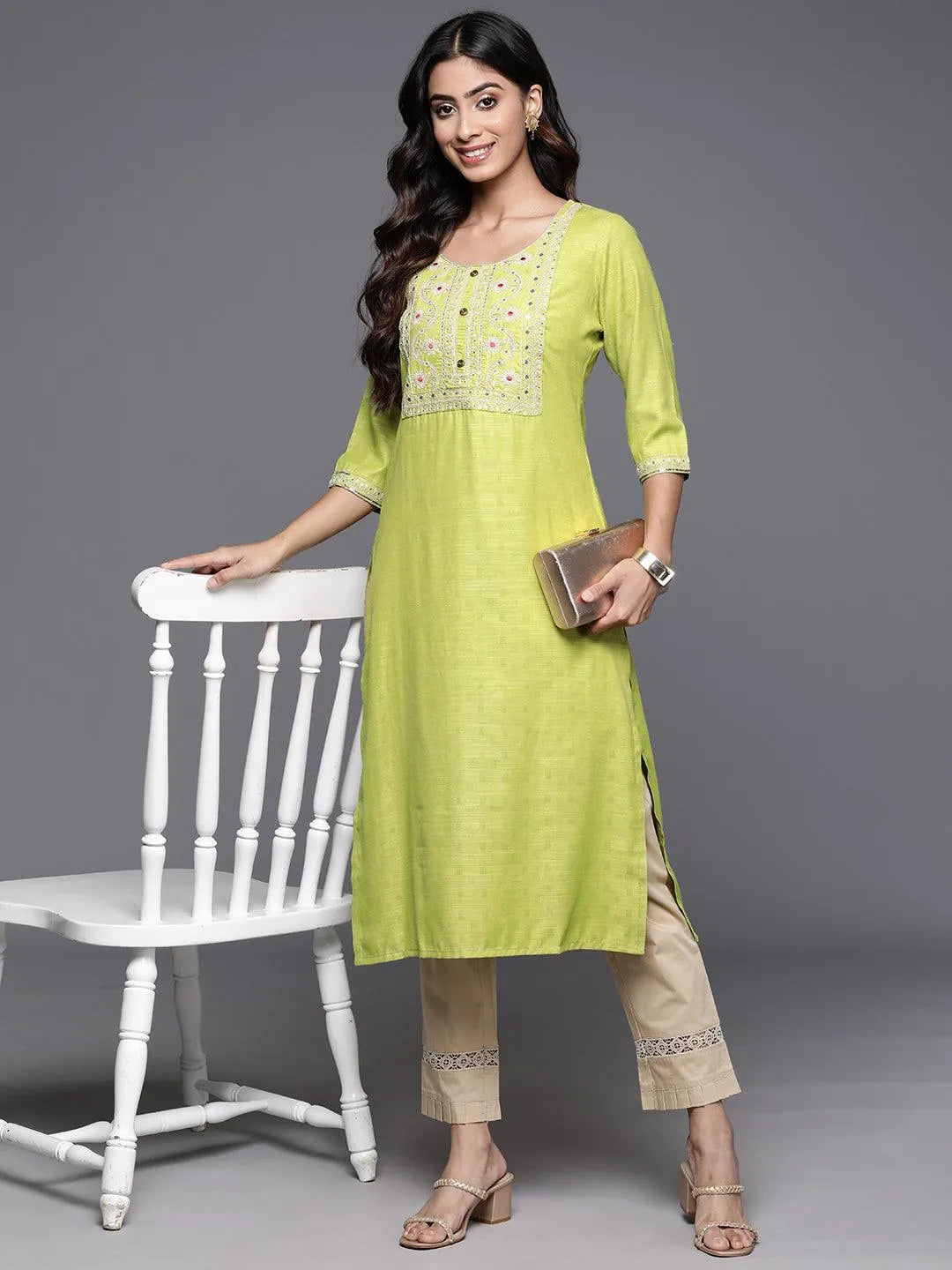 Green Yoke Design Rayon Straight Kurta - Libas 