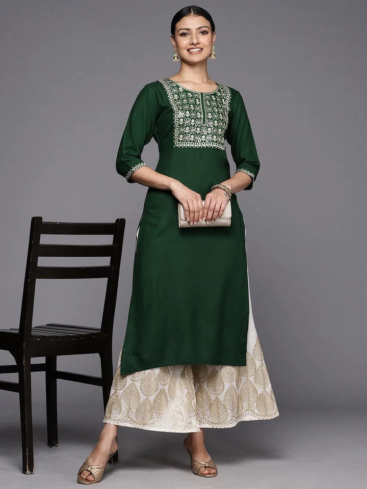 Green Printed Rayon Straight Kurta - Libas