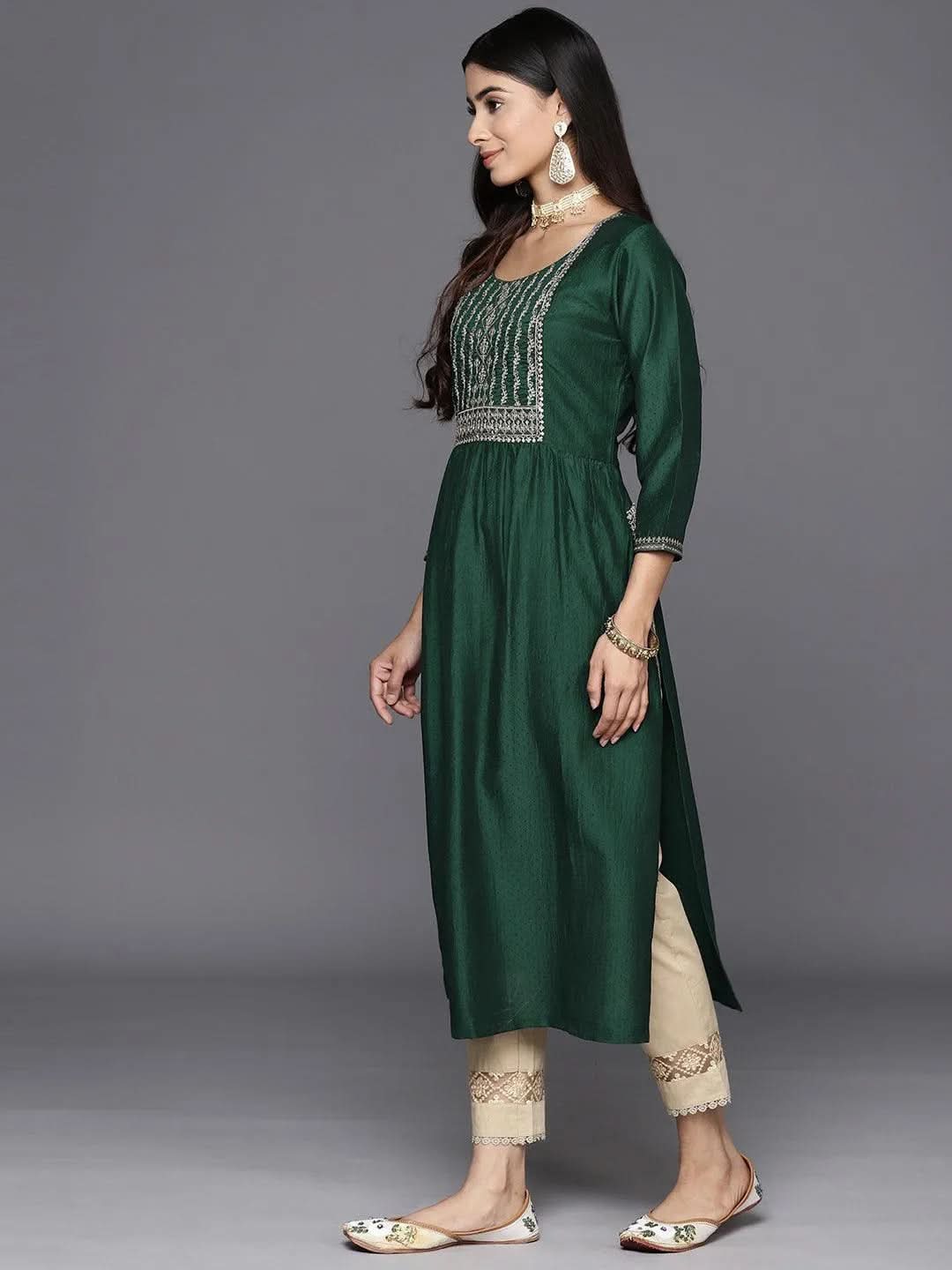 Green Yoke Design Silk A-Line Kurta - Libas 