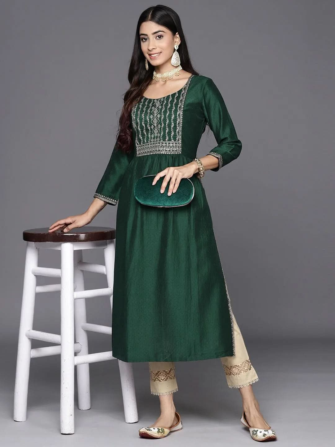 Green Yoke Design Silk A-Line Kurta - Libas