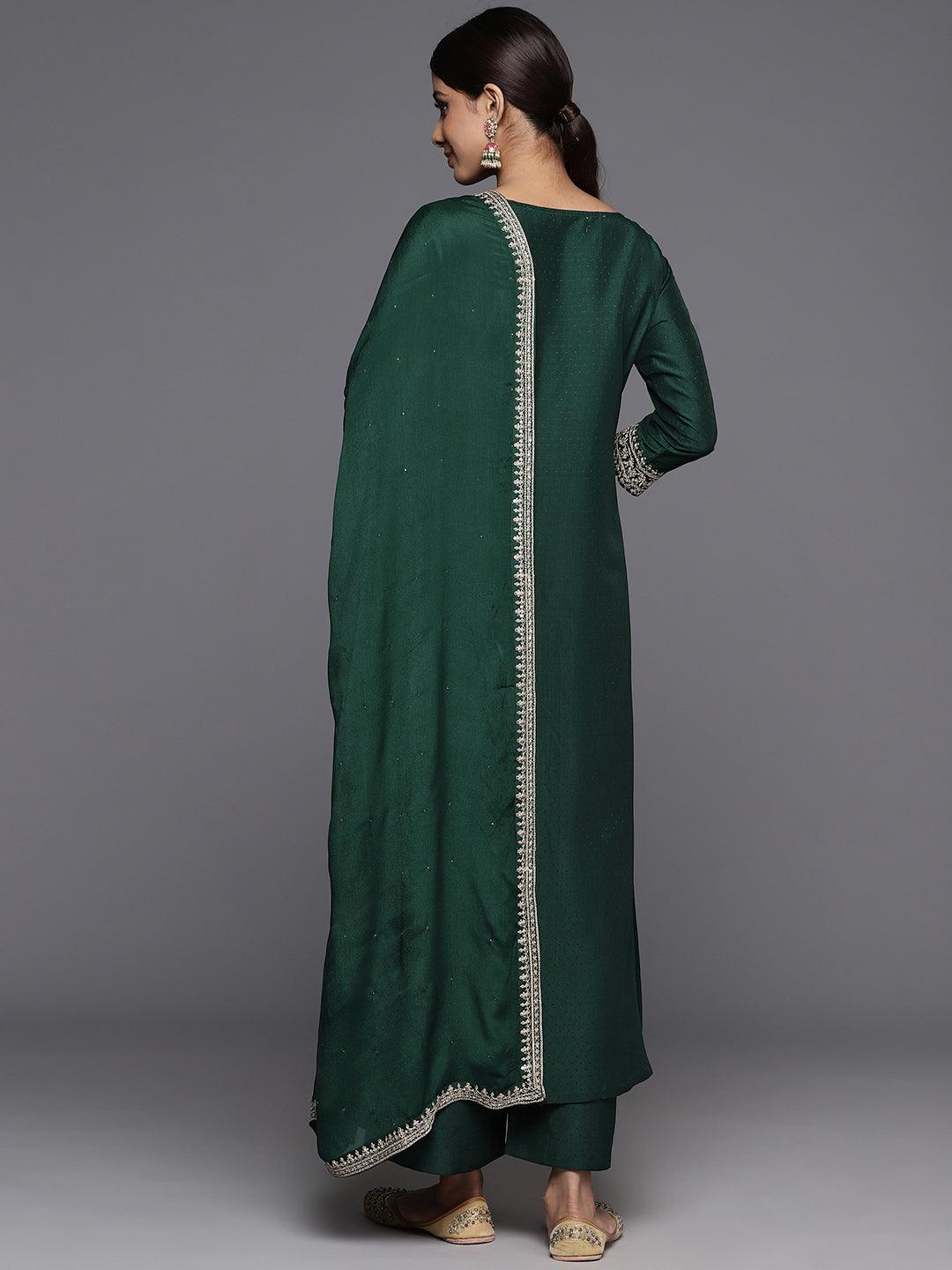 Green Yoke Design Silk Blend A-Line Kurta With Palazzos & Dupatta - Libas