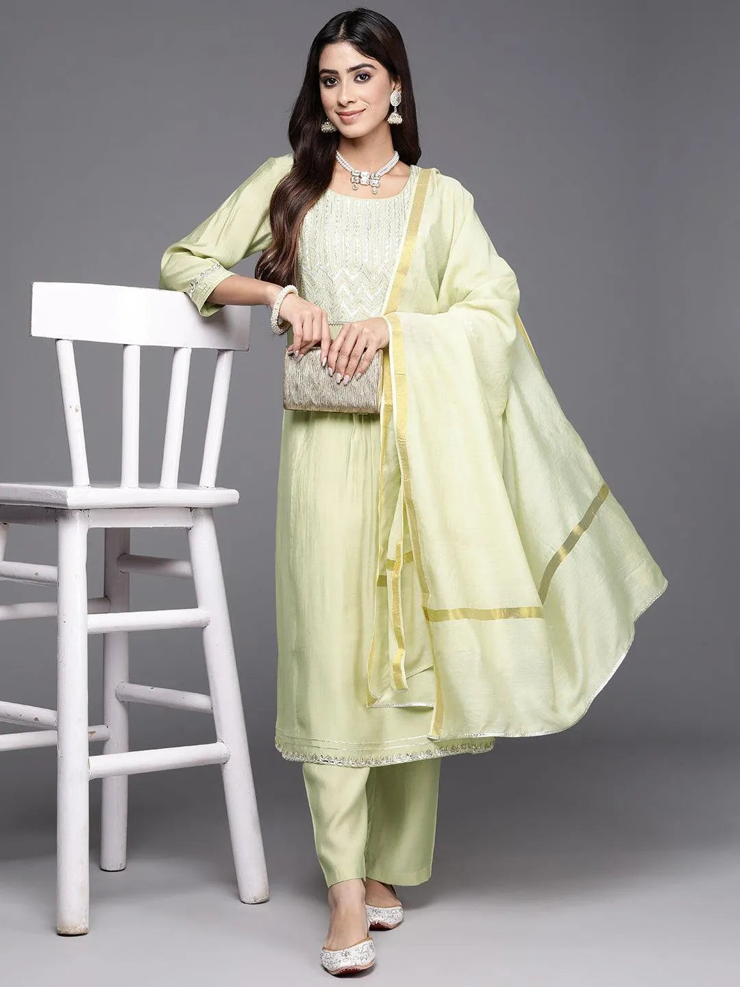 Green Yoke Design Silk Blend A-Line Kurta With Trousers & Dupatta - Libas
