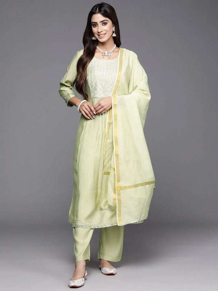 Green Yoke Design Silk Blend A-Line Kurta With Trousers & Dupatta - Libas