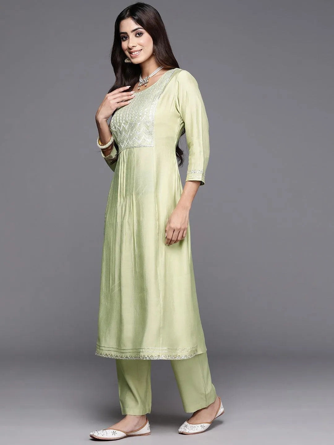 Green Yoke Design Silk Blend A-Line Kurta With Trousers & Dupatta - Libas 