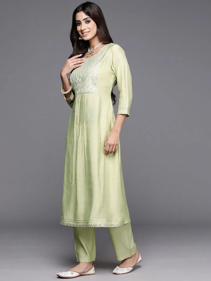 Green Yoke Design Silk Blend A-Line Kurta With Trousers & Dupatta - Libas