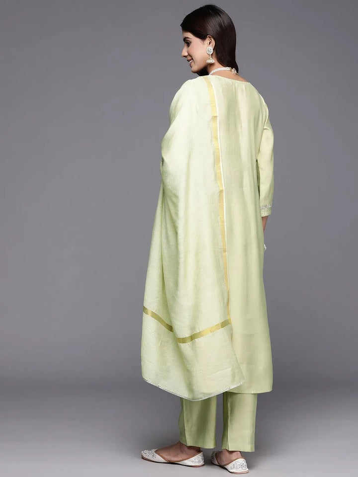 Green Yoke Design Silk Blend A-Line Kurta With Trousers & Dupatta - Libas