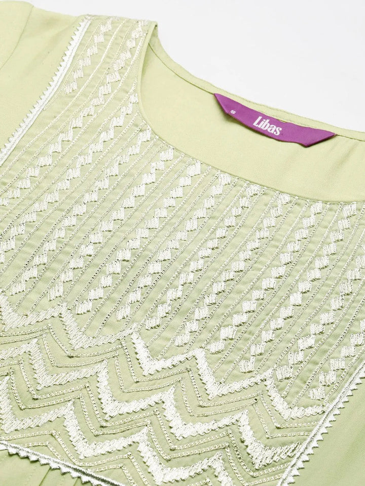 Green Yoke Design Silk Blend A-Line Kurta With Trousers & Dupatta - Libas