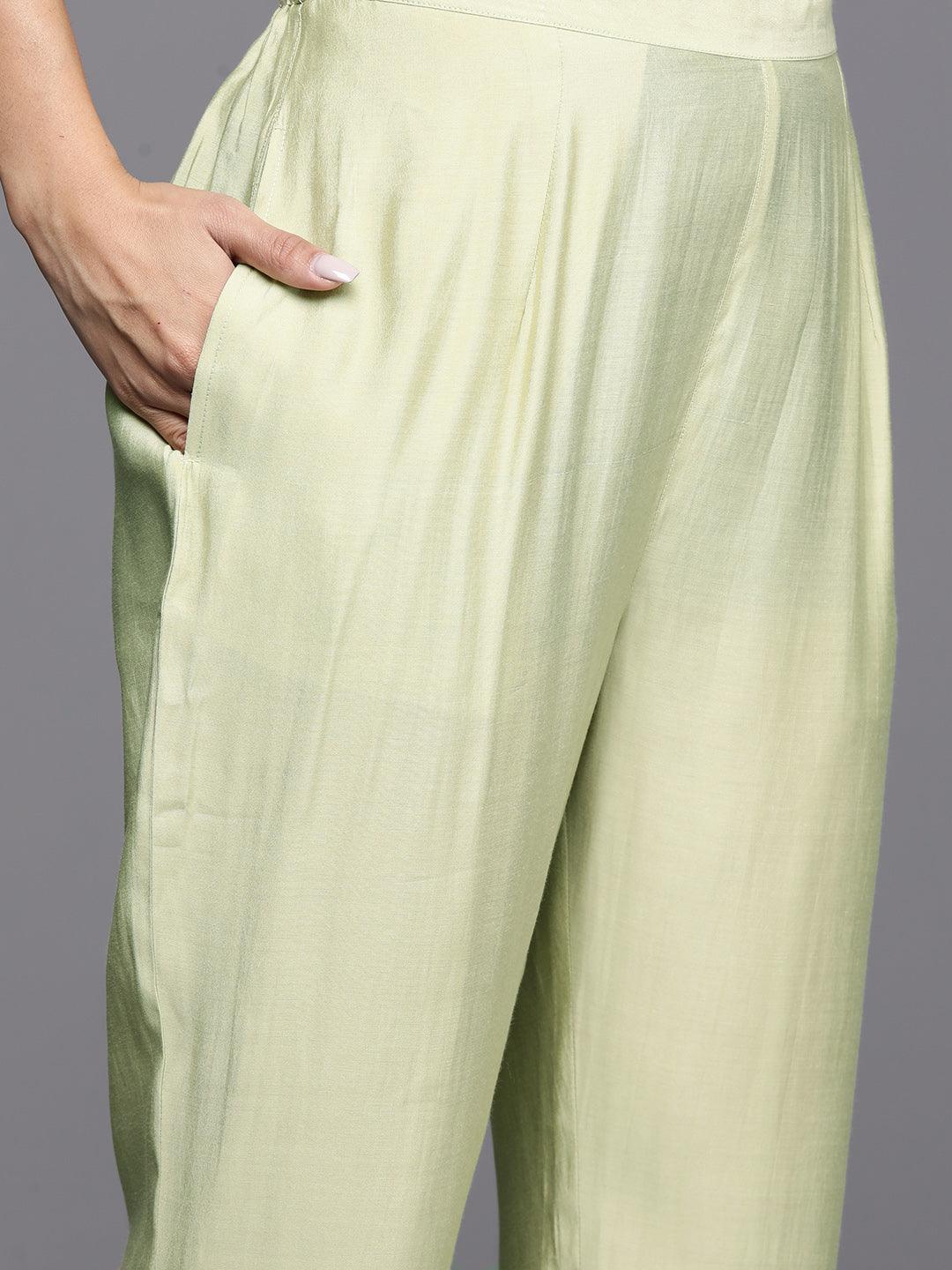 Green Yoke Design Silk Blend A-Line Kurta With Trousers & Dupatta - Libas