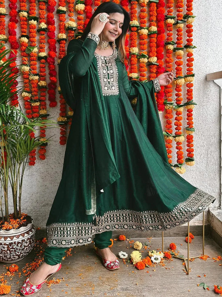 Green Yoke Design Silk Blend Anarkali Suit Set - Libas