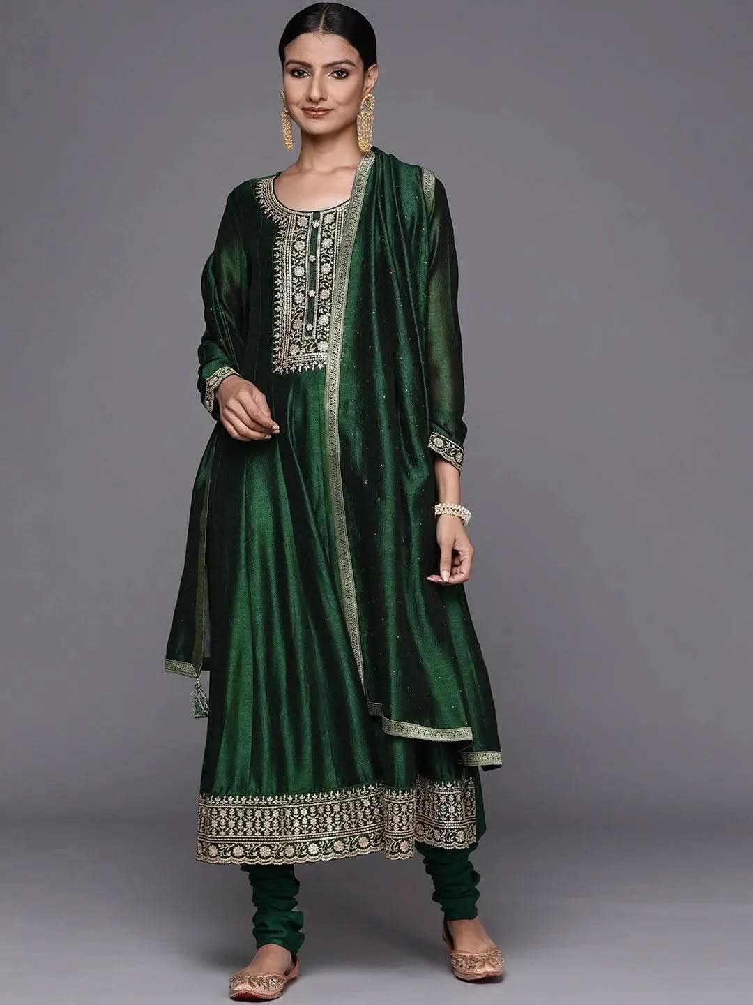 Green Yoke Design Silk Blend A-Line Kurta Set