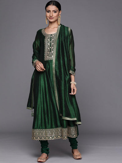 Green Yoke Design Silk Blend Anarkali Suit Set - Libas