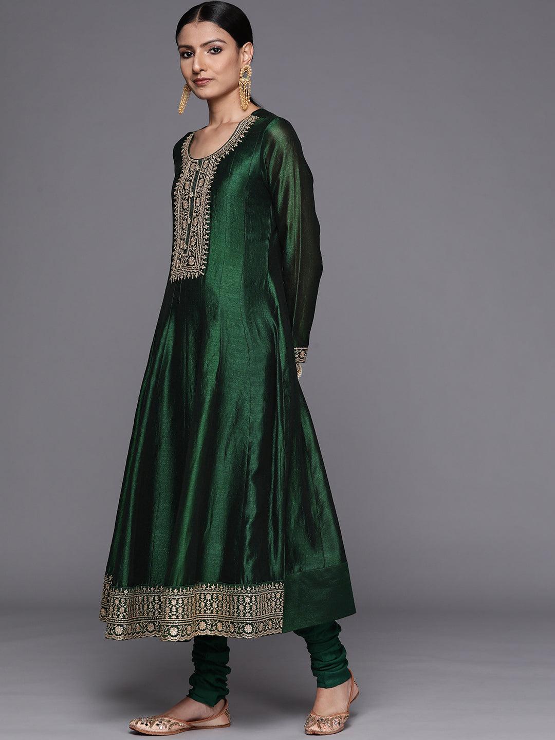Green Yoke Design Silk Blend Anarkali Suit Set - Libas