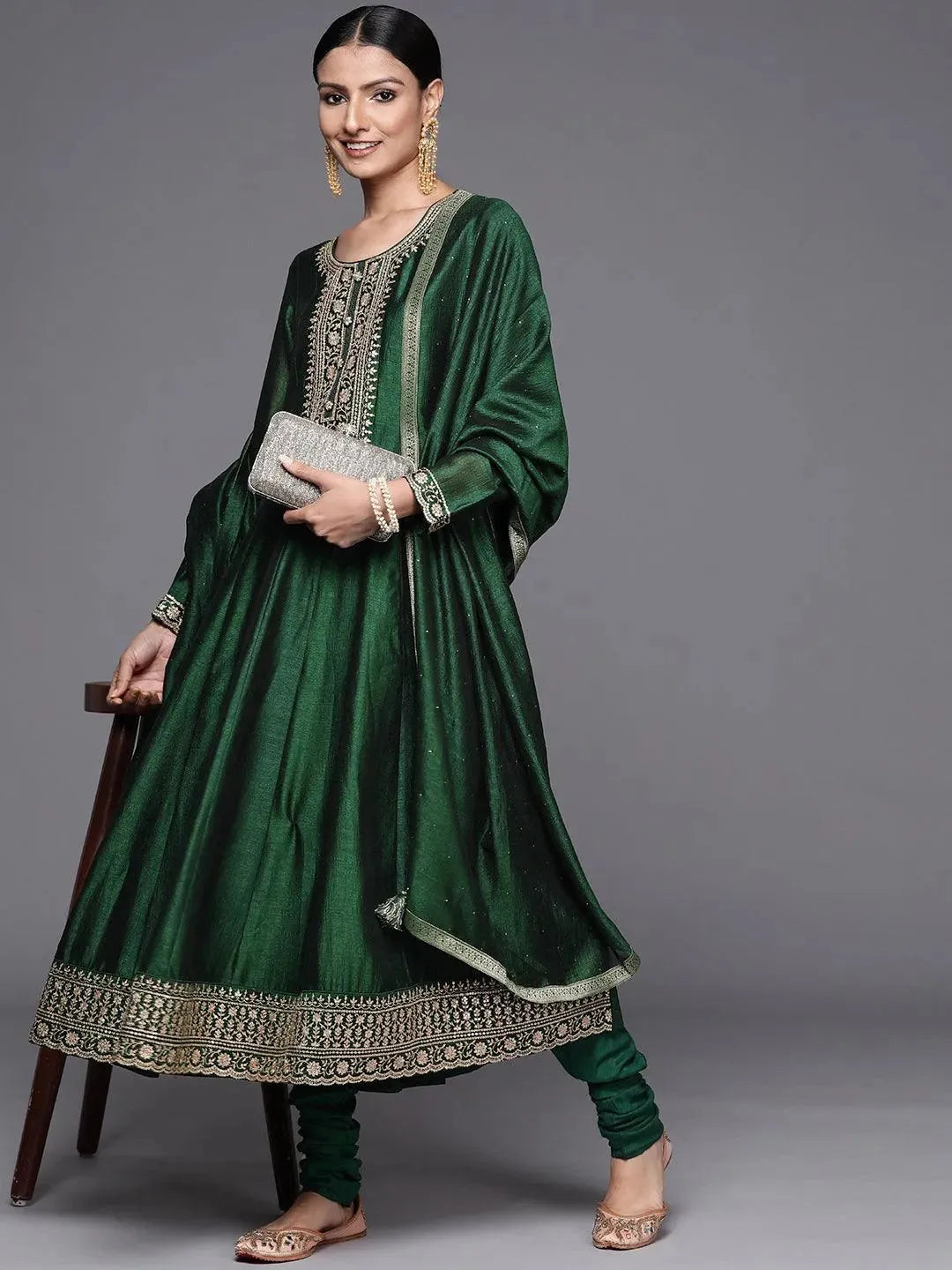 Green Yoke Design Silk Blend Anarkali Suit Set - Libas