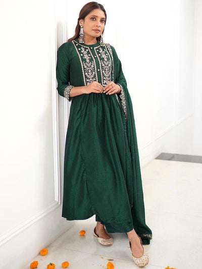 Green Yoke Design Silk Blend Anarkali Kurta With Palazzos & Dupatta - Libas