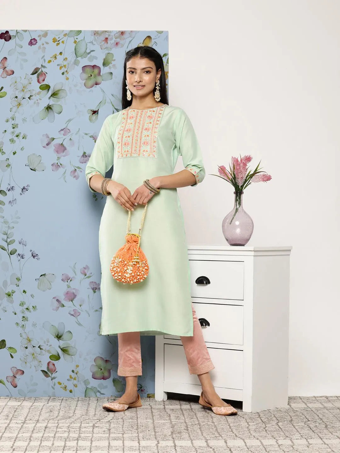 Green Embroidered Silk Blend Straight Kurta - Libas 
