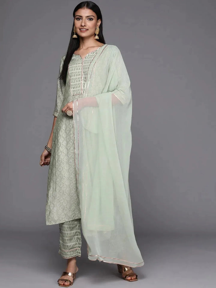 Green Yoke Design Silk Blend Straight Suit Set - Libas