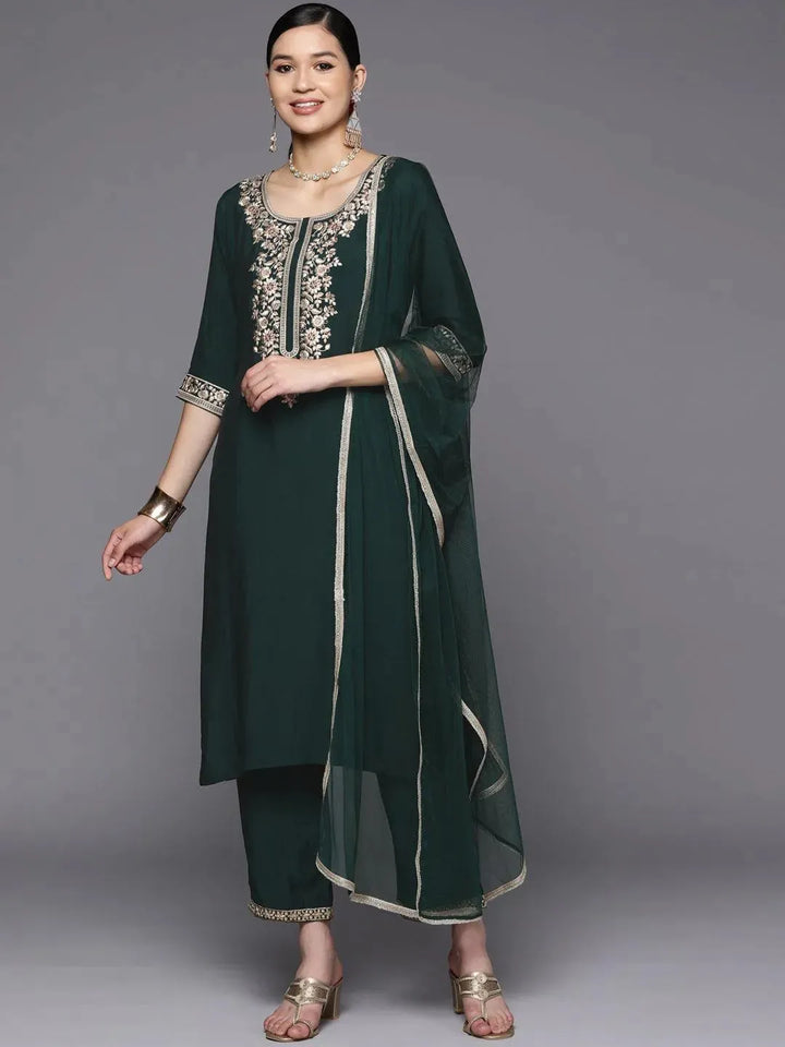 Green Yoke Design Silk Blend Straight Suit Set With Trousers - Libas