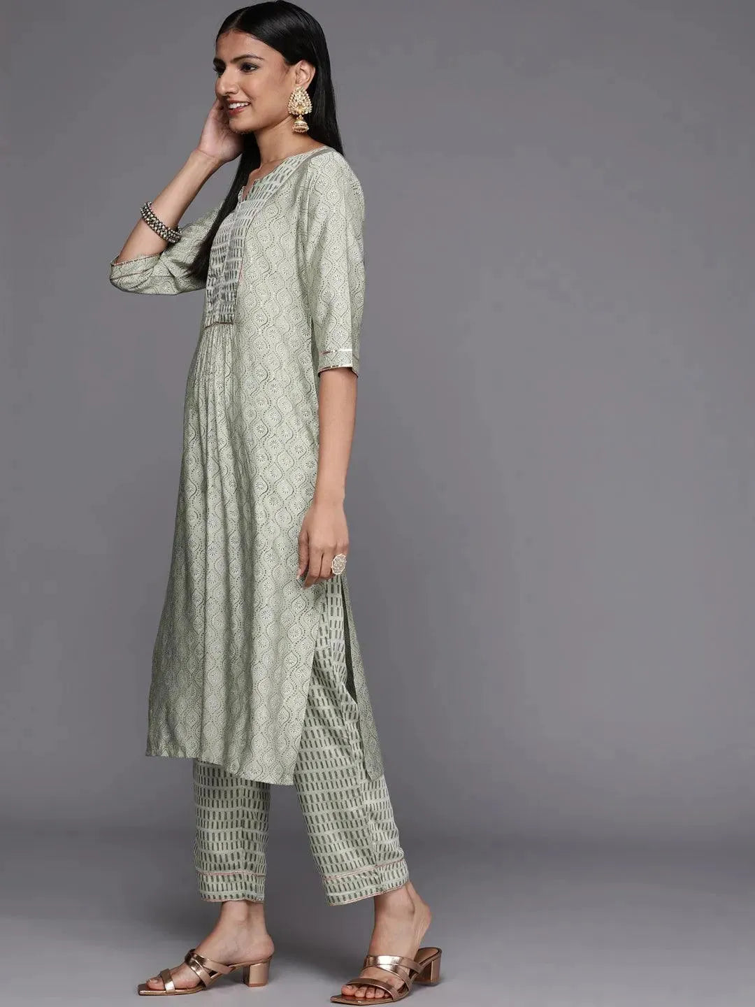 Green Yoke Design Silk Blend Straight Suit Set - Libas 