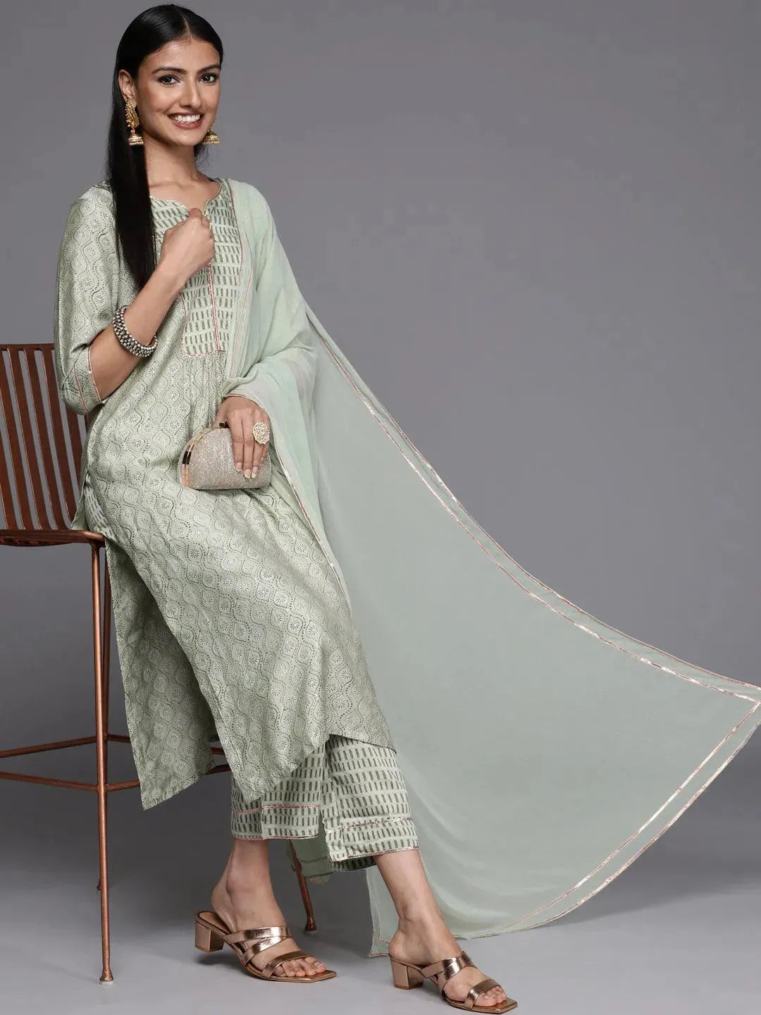 Green Yoke Design Silk Blend Straight Suit Set - Libas 