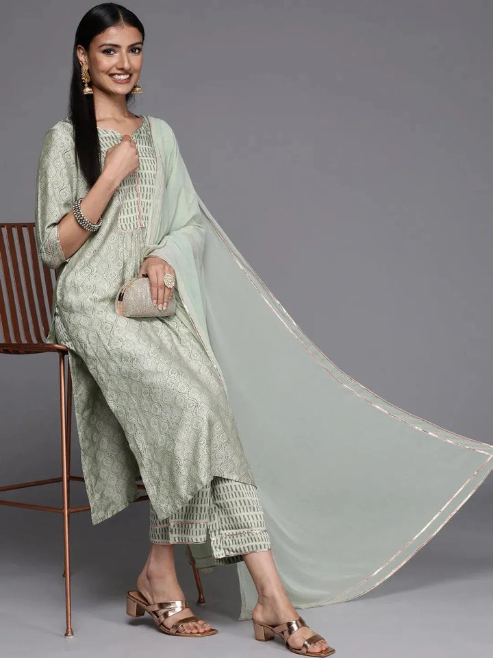 Green Yoke Design Silk Blend Straight Suit Set - Libas