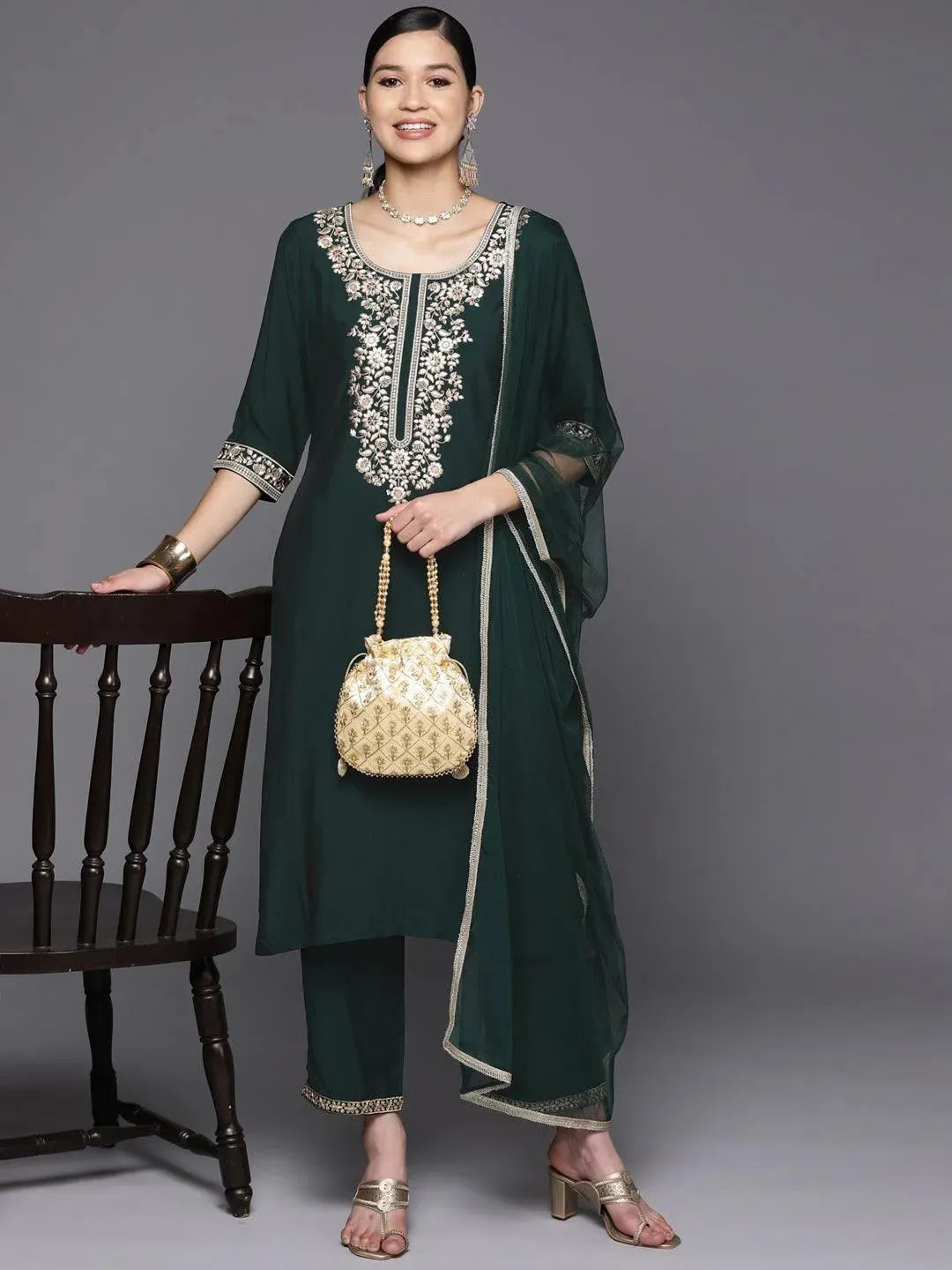 Green Yoke Design Silk Blend Straight Suit Set With Trousers - Libas 