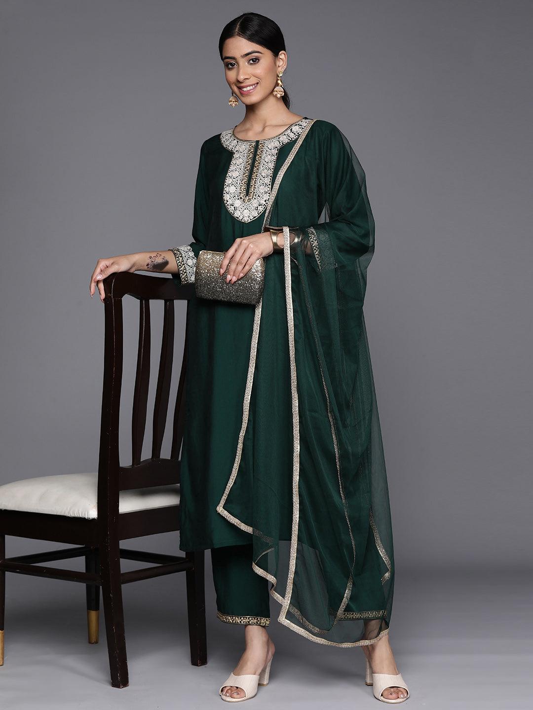 Green Yoke Design Silk Blend Straight Kurta With Dupatta