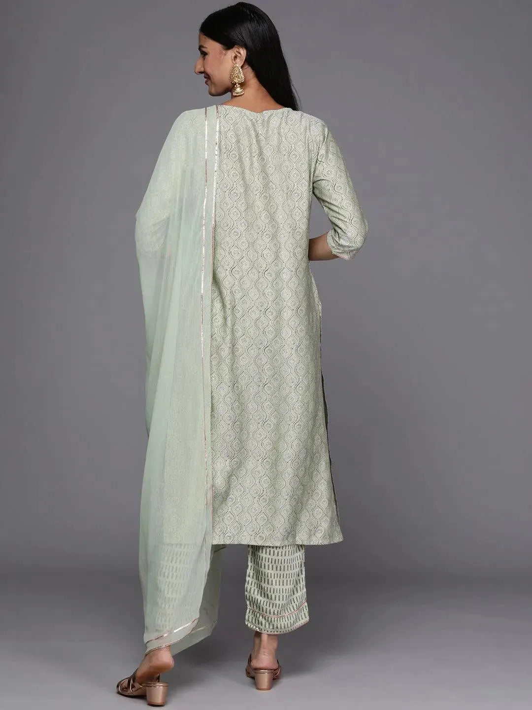 Green Yoke Design Silk Blend Straight Suit Set - Libas 