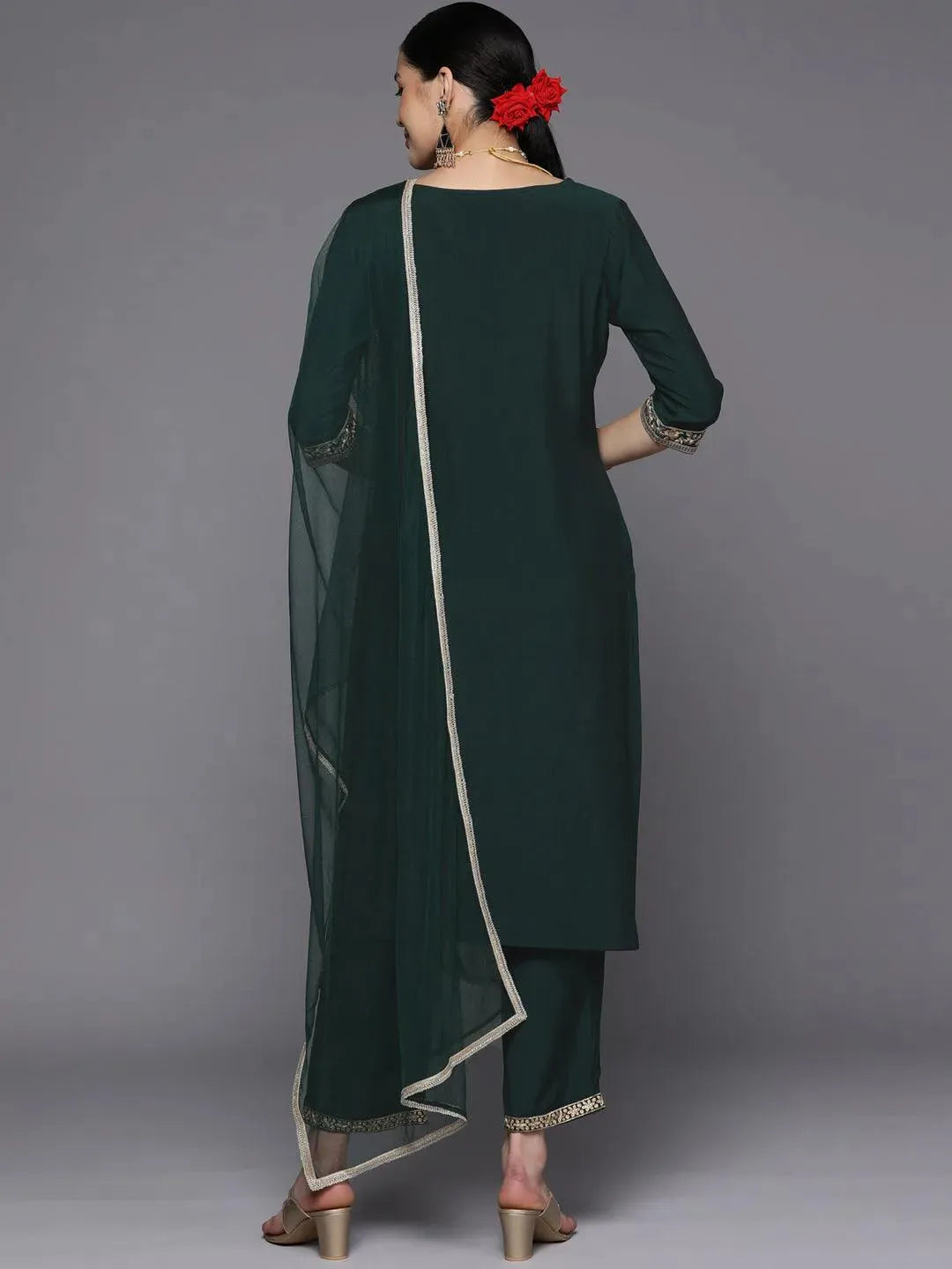 Green Yoke Design Silk Blend Straight Suit Set With Trousers - Libas 