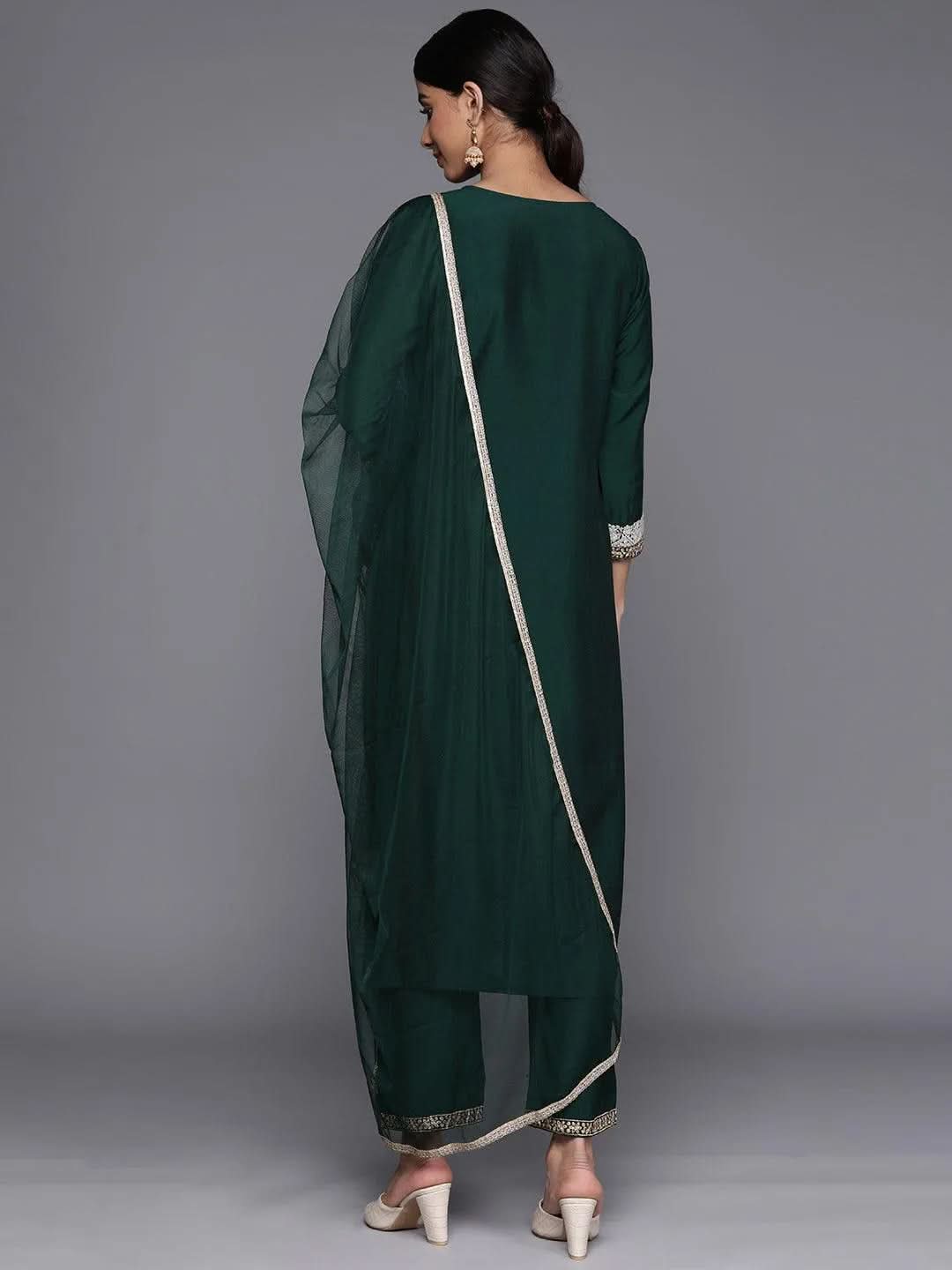Green Embroidered Silk Blend Suit Set With Trousers - Libas 