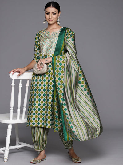Green Yoke Design Silk Blend Straight Kurta With Salwar & Dupatta - Libas