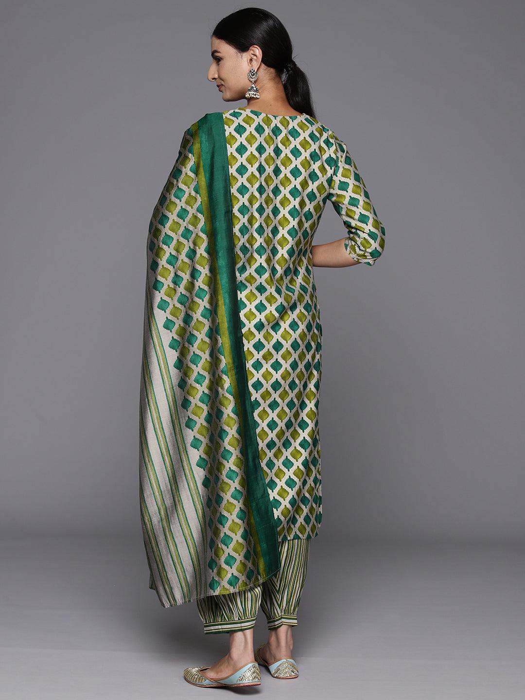 Green Yoke Design Silk Blend Straight Suit With Dupatta