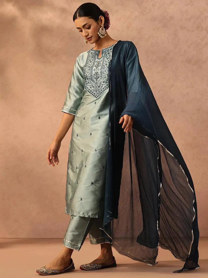 Green Yoke Design Silk Blend Suit Set With Trousers - Libas