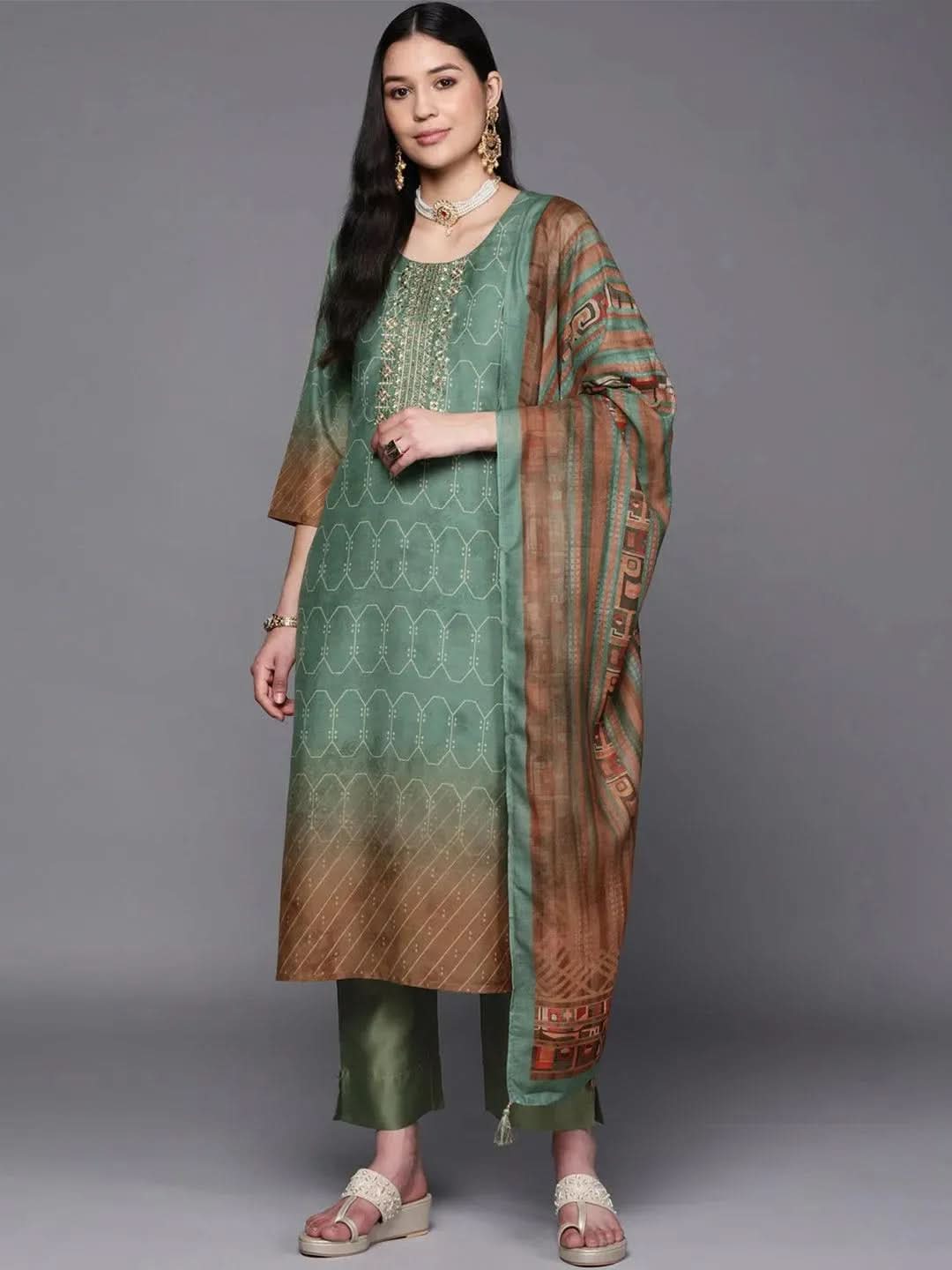 

Green Yoke Design Silk Blend Straight Kurta With Trousers & Dupatta