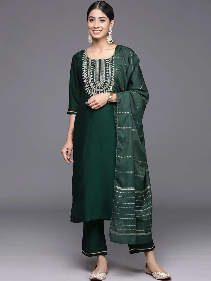 Green Yoke Design Silk Blend Straight Kurta With Trousers & Dupatta - Libas