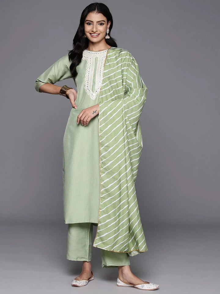 Green Yoke Design Silk Blend Straight Kurta With Trousers & Dupatta - Libas