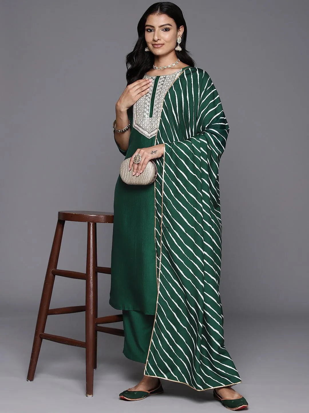 Green Yoke Design Silk Blend Straight Kurta With Trousers & Dupatta - Libas 