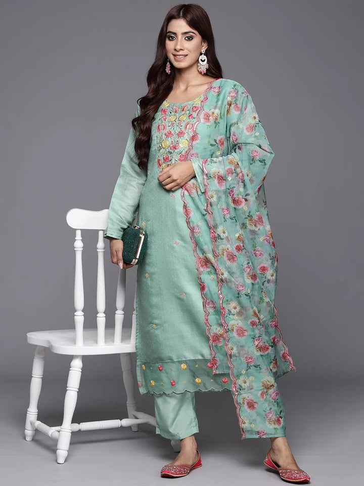 Green Yoke Design Silk Blend Straight Kurta With Trousers & Dupatta - Libas