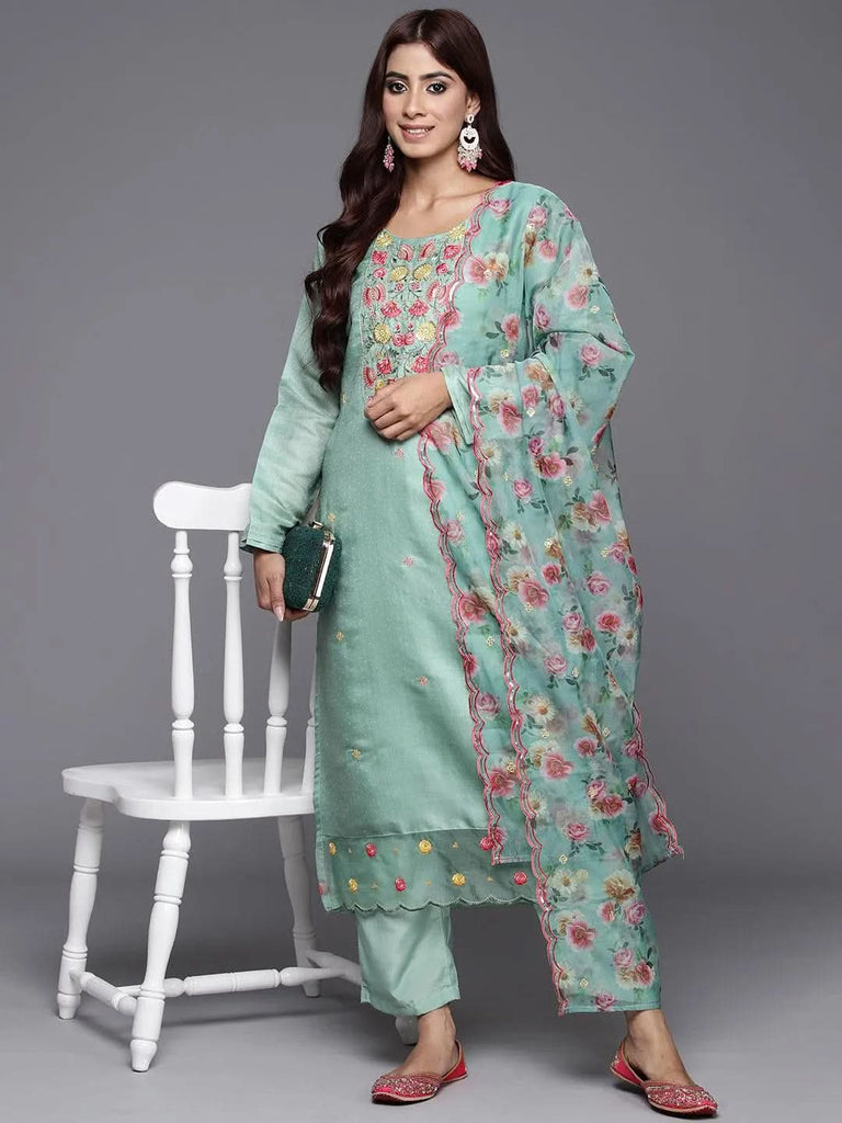 Libas Green Yoke Design Silk Blend Straight Kurta With Trousers & Dupatta