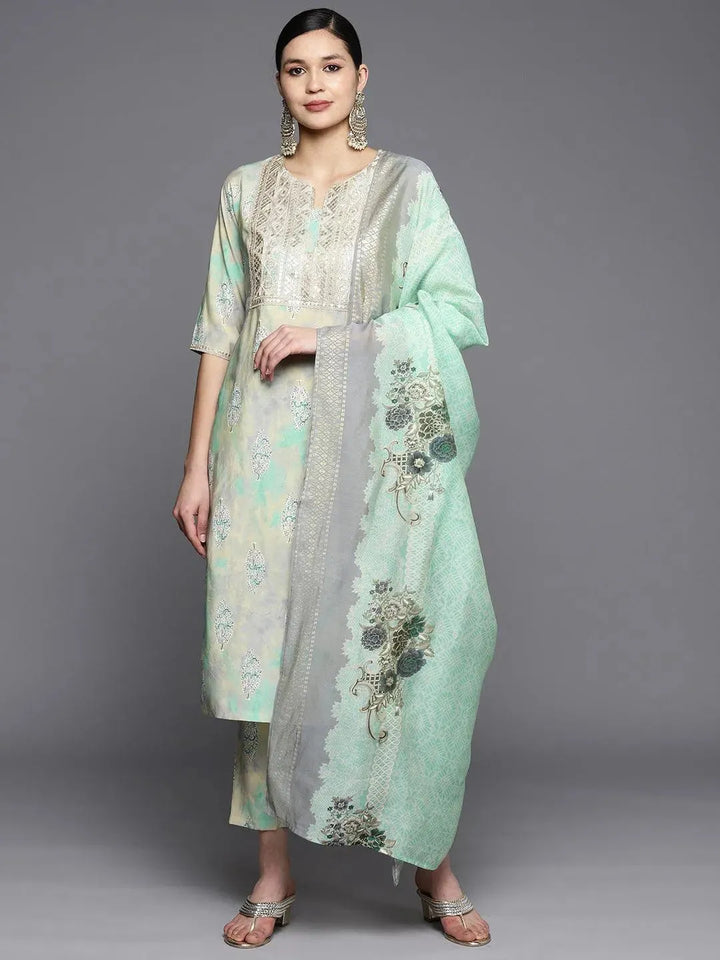 Green Yoke Design Silk Blend Straight Suit Set With Trousers - Libas