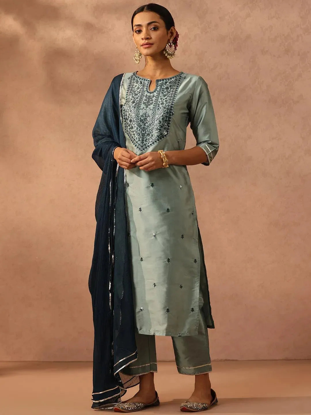 Green Yoke Design Silk Blend Suit Set With Trousers - Libas 