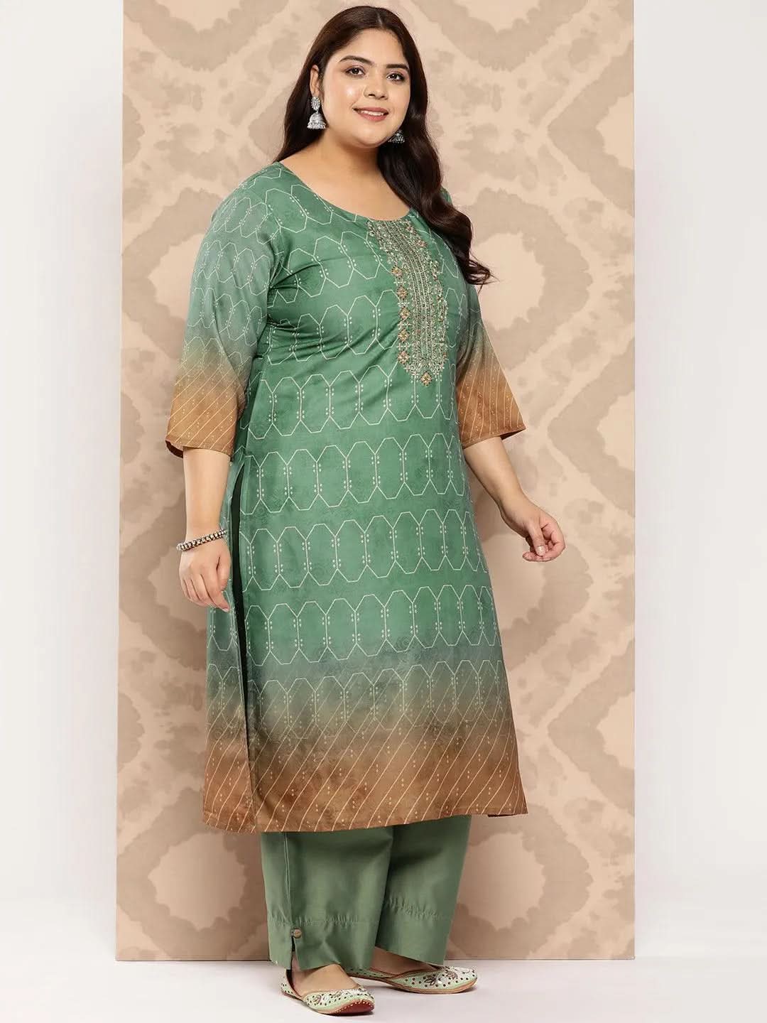 Green Yoke Design Silk Blend Straight Kurta With Trousers and Dupatta - Libas 
