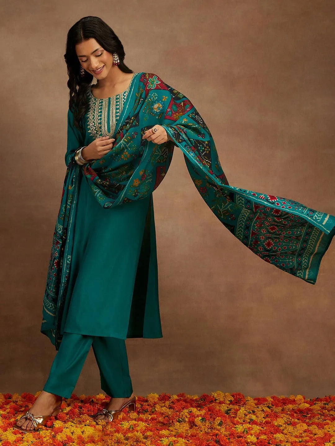 Green Yoke Design Silk Blend Straight Kurta With Trousers & Dupatta - Libas 