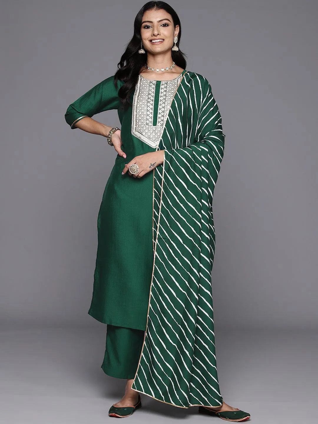 Green Yoke Design Silk Blend Straight Kurta With Trousers & Dupatta - Libas 