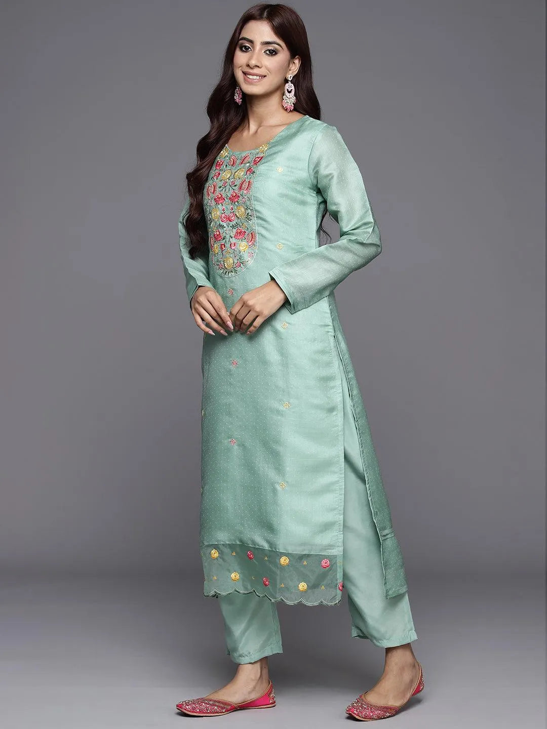 Green Yoke Design Silk Blend Straight Kurta With Trousers & Dupatta - Libas 