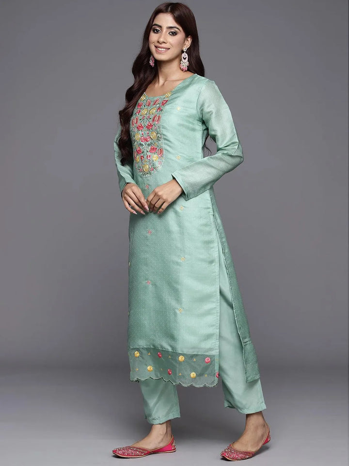 Green Yoke Design Silk Blend Straight Kurta With Trousers & Dupatta - Libas